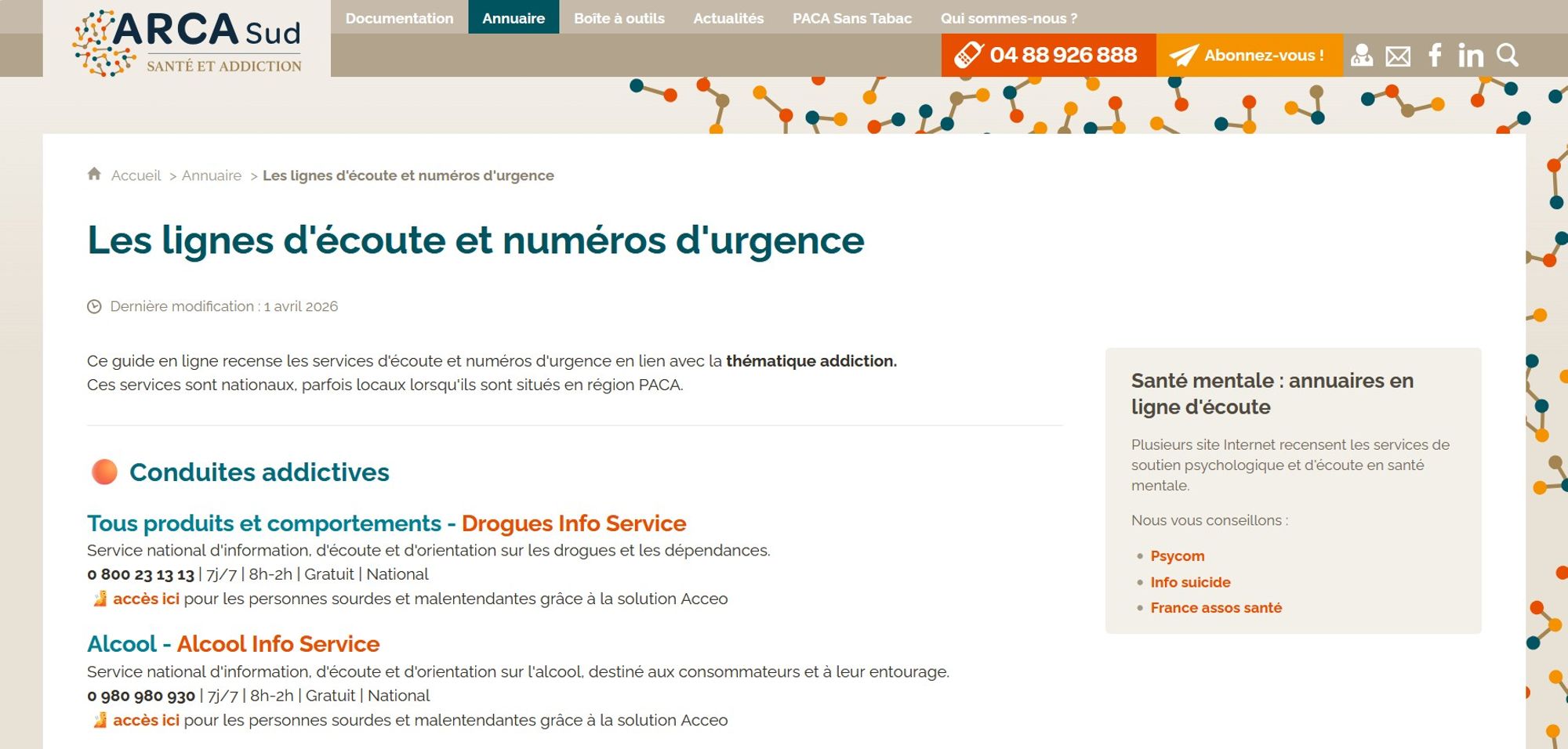 Visuel page avec numéros d'urgence